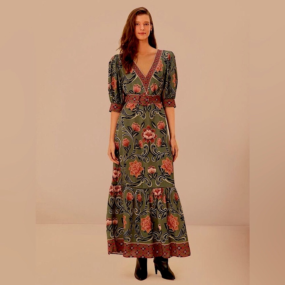 FARM Rio Green Floral Maxi Dress with Pink Accents